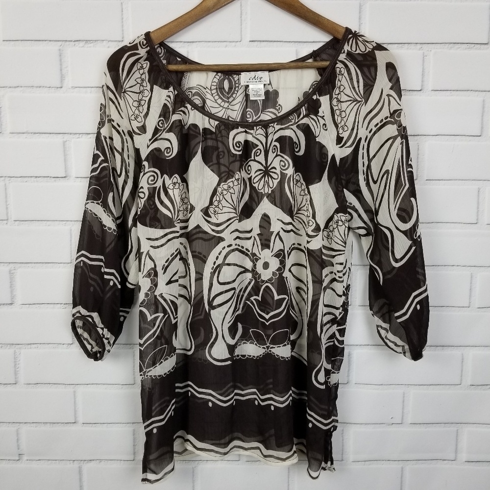 CDW Floral Blouse Top Sheer Medium Brown‎